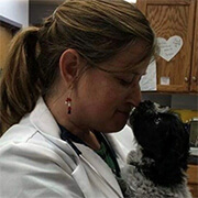 A veterinarian touching noses with a dog
