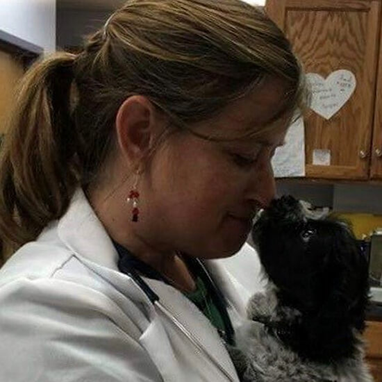 A woman holding a dog and touching noses