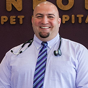 A veterinarian posing with a dog