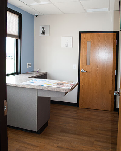 An exam room with an empty examination table