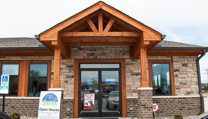 The front door and exterior of Monroe Family Pet Hospital