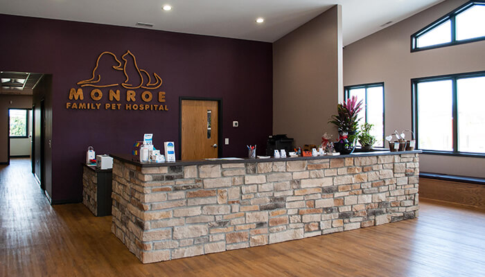 The reception area of Monroe Family Pet Hospital